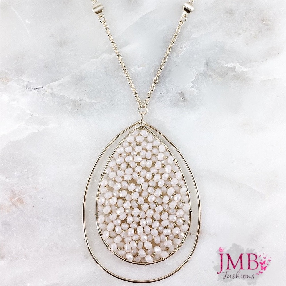 NEW Teardrop White Beaded Necklace, Ashlee